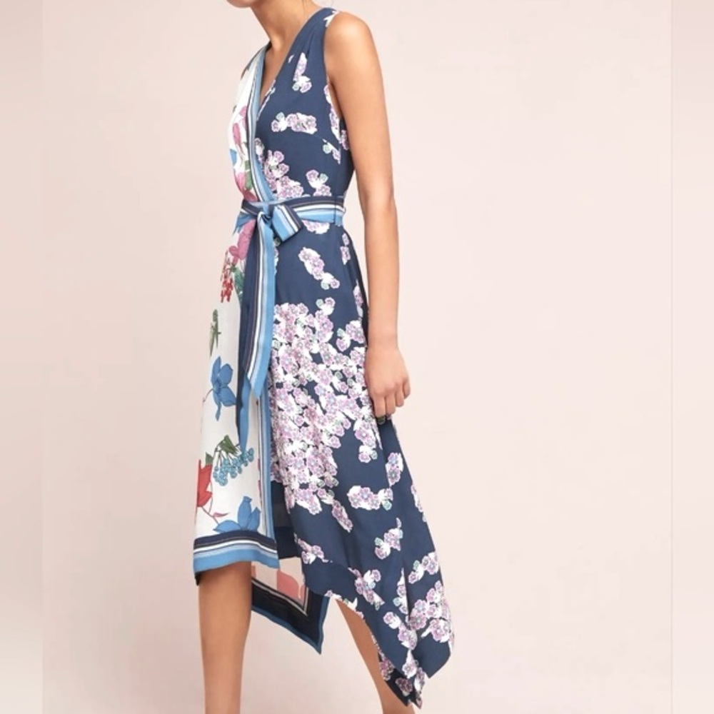 Maeve by Anthropologie Botanica Tie Waist Handkerchief Hem Floral Dress Size 00